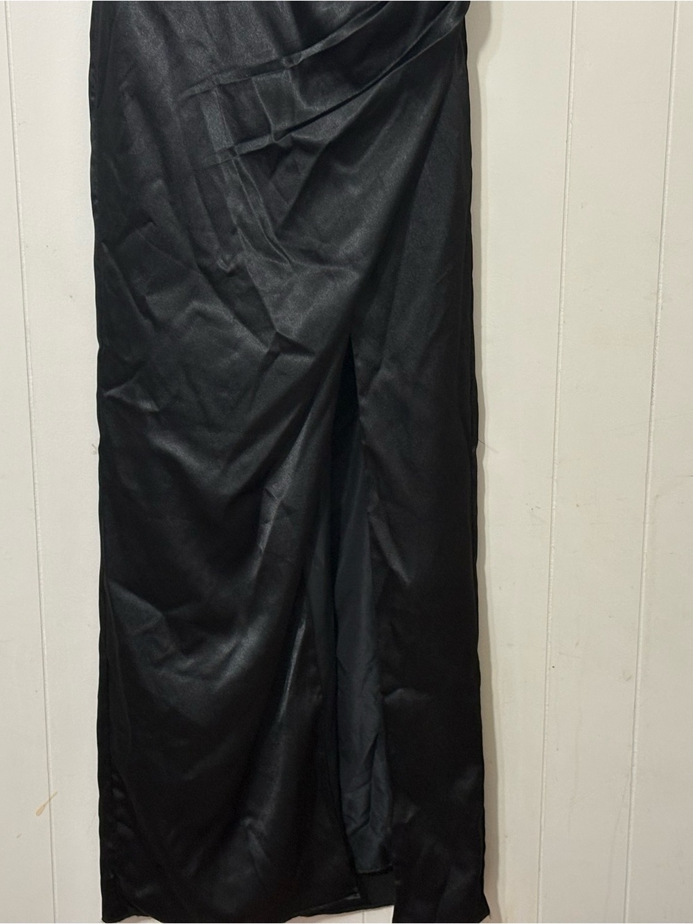 Azazie Zaya Black Satin Halter Dress A8 Formal Slit Sheath Pleated Prom Wedding - Picture 4 of 9